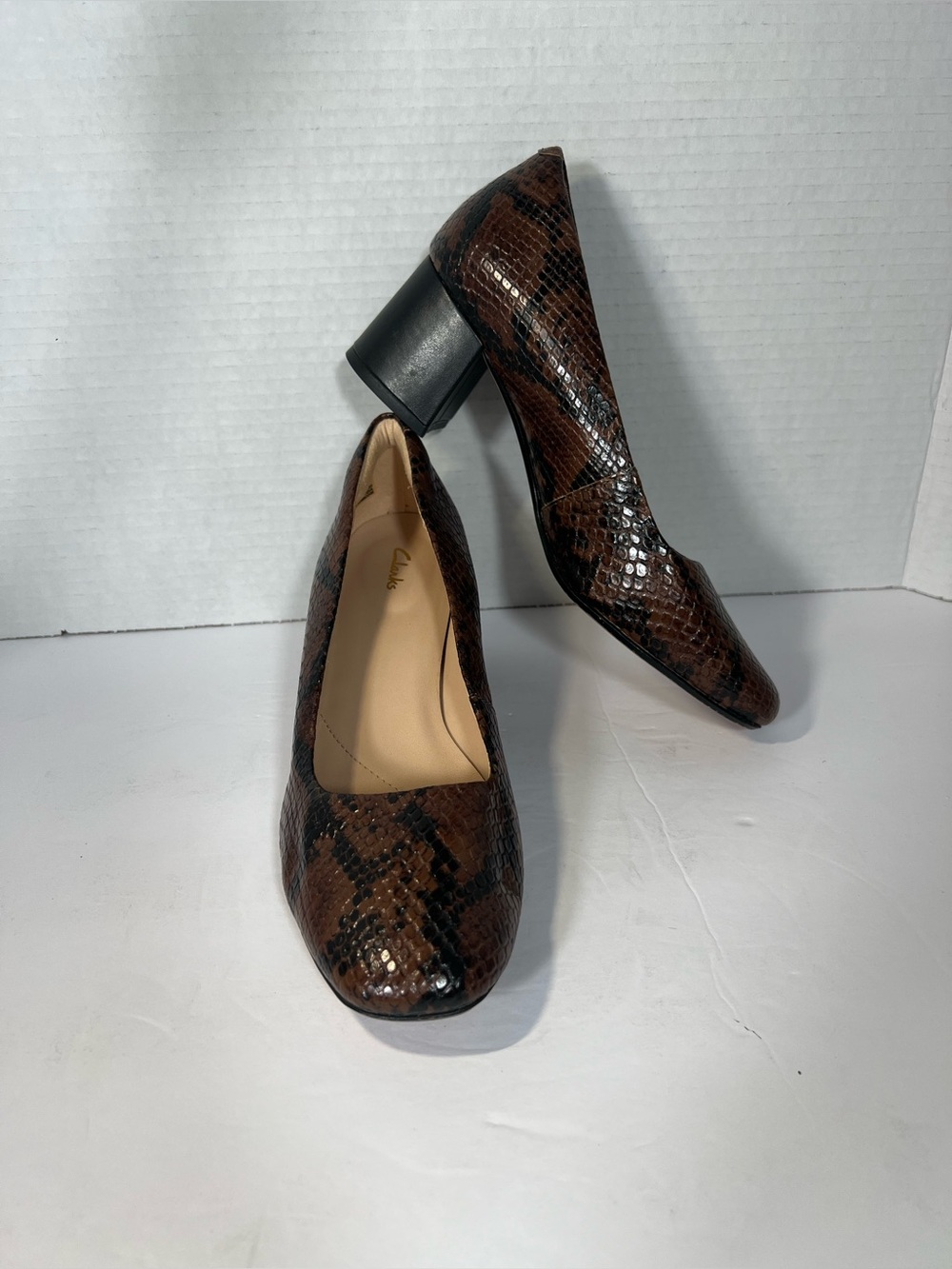 Clarks Brown Black Snake Print Block Heel Pumps Size 6 M